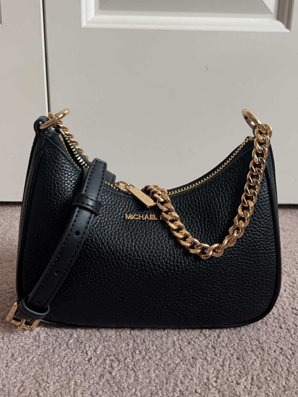 Michael Kors Black Leather Crossbody with Gold Chain